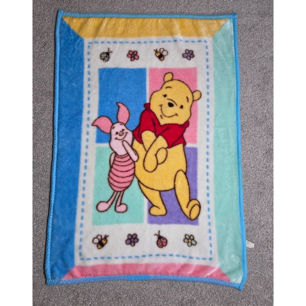 VTG 90s Disney Winnie the Pooh and Piglet Plush Baby Blanket 30x45